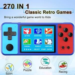Great Boy Handheld Game Console for Kids Preloaded 270 Classic Retro Games with 3.0” Color Display and Gamepad Rechargeable Arcade Gaming Player (Blue)