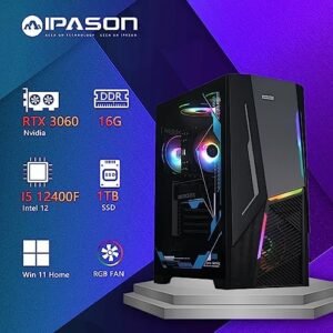 IPASON Gaming PC Desktop – Intel Core i5 12400F 2.5 GHz, NVIDIA RTX 3060, 1TB NVME SSD, 16GB DDR4 RAM 3200, 650W PSU, Bluetooth, Wi-Fi 6, Windows 11 Home 64-bit