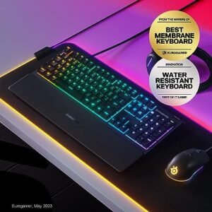 SteelSeries Apex 3 RGB Gaming Keyboard – 10-Zone RGB Illumination – IP32 Water Resistant – Premium Magnetic Wrist Rest (Whisper Quiet Gaming Switch)