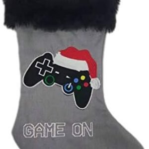 TWIITZ Awesome Video Gamer Christmas Holiday Stocking 20in Canvas with Faux Fur Grey Black Game On (Stocking)