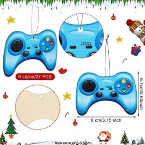 27 Pieces Video Game Christmas Ornament Wood Game Controller Ornament Wooden Gamer Tree Ornaments Hanging Gamer Ornaments for Christmas Tree Decorative Holiday Ornament for Gaming Party Decor, 9 Style