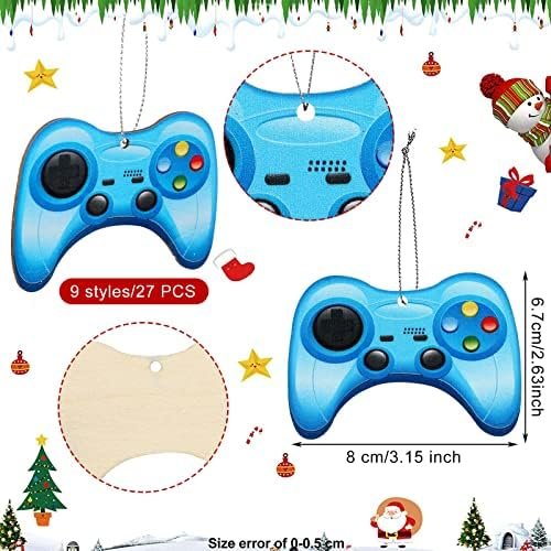 27 Pieces Video Game Christmas Ornament Wood Game Controller Ornament Wooden Gamer Tree Ornaments Hanging Gamer Ornaments for Christmas Tree Decorative Holiday Ornament for Gaming Party Decor, 9 Style