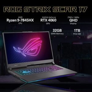 ASUS ROG Strix G17 Gaming Laptop, 17.3” QHD 240Hz Display, AMD Ryzen 9 7845HX, GeForce RTX 4060, 32GB DDR5 RAM, 1TB PCIe SSD, RGB Backlit Keyboard, Win 11 Pro, Gray, 32GB Hotface USB Card
