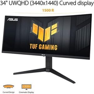 ASUS TUF Gaming 34” Ultra-Wide Curved HDR Monitor (VG34VQEL1A) – 21:9, UWQHD (3440 x 1440), 100Hz, Extreme Low Motion Blur, FreeSync, 1ms, DisplayPort, HDMI, USB, Tripod Socket, Height Adjustable
