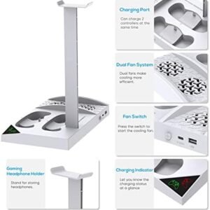 Charger Stand with Cooling Fan for Xbox Series S Console and Controller,Vertical Dual Charging Dock Accessories with 2 x 1400mAh Rechargeable Battery and Cover, Earphone Bracket for XSS