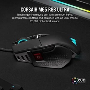 Corsair M65 RGB Ultra Tunable FPS Gaming Mouse Marksman 26,000 DPI Optical Sensor, Optical Switches, AXON Hyper-Processing Technology, Sensor Fusion Control, Tunable Weight System – Black