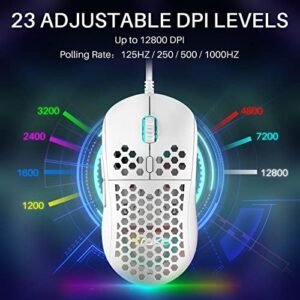 DIERYA Gaming Mouse, Wired Mouse with Honeycomb, Up to 12800 DPI, 6 Programmable Macro Buttons, Software Support for Custom Key Bindings and RGB Settings for Windows 7/8/10/XP Vista Linux-White