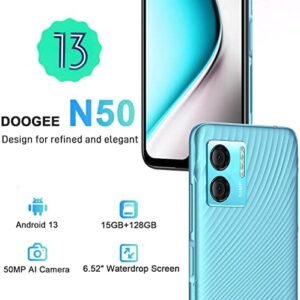DOOGEE N50 |2023| Unlocked Cell Phone,15GB RAM+128GB ROM, Android 13 Smartphone,50MP AI Camera Mobile Phone,Loud Speaker,6.52″ HD+Display Android Smartphone,Dual Sim 4G,OTG/Fingerprint Blue