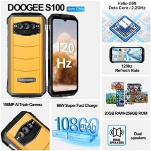 DOOGEE S100 Rugged Smartphone(2023), 20GB+256GB Dual 4G Gaming Rugged Phones Unlocked, 120Hz 6.58″ Rugged Cell Phone, 66W Fast Charge, Dual Speakers, Android 12, 108MP Camera, Night Vision, NFC, OTG