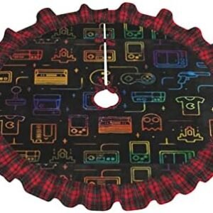 Exquisite Game Video Gaming Pattern Print Christmas Tree Skirt Buffalo Plaid Edge Xmas Tree Ornaments for Holiday Party