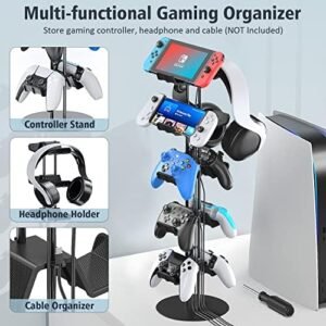 Kytok Controller Stand 5 Tiers with Cable Organizer for Desk, Universal Controller Display Stand Compatible with Xbox PS5 PS4 Nintendo Switch, Headset Holder & Desk Mounts for 10 Packs Controller