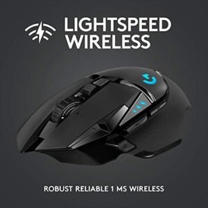 Logitech G502 Lightspeed Wireless Gaming Mouse with Hero 25K Sensor, PowerPlay Compatible, Tunable Weights and Lightsync RGB – Black, 5.2″ x 3″ x 1.6″