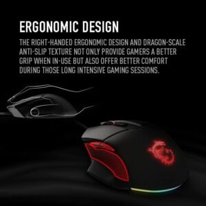 MSI Clutch GM20 Elite Gaming Mouse, 6400 DPI, 20M+ Clicks OMRON Switch, Optical Sensor, Adjustable Weights, Ergonomic Right Hand Design, RGB Mystic Light