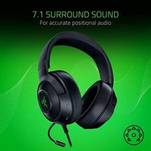 Razer Kraken X USB Ultralight Gaming Headset: 7.1 Surround Sound – Lightweight Frame – Green Logo Lighting – Integrated Audio Controls – Bendable Cardioid Microphone – for PC – Classic Black