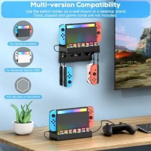 RGB Switch Wall Mount Kit for Nintendo Switch and OLED, Switch Dock Console Holder Stand, Switch Accessories with 7 Light Modes, 7 Card Slots, 4 Joy Con Hangers, 2 USB Ports, behind TV, Graphite Black