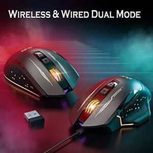 UHURU Wireless Gaming Mouse, Wired and Wireless Dual Modes Rechargeable RGB Gaming Mouse with 7 Programmable Buttons, Ergonomic and 5 Adjustable DPI Levels up to 10000 DPI for PC Laptop Gamer （WM-07）