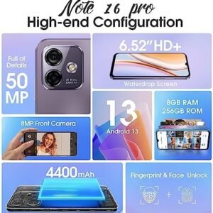 Ulefone Note 16 Pro Mobile Phones (16GB+256GB) Android 13 50MP Camera Octa Core Smartphone Unlocked 6.52” Waterdrop Screen, 4400mAh 4G Dual SIM Fingerprint Face ID GPS OTG, Globla Version- Black