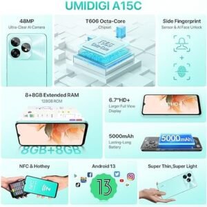 UMIDIGI A15C (16+128GB) Android 13 NFC Unlocked Cell Phone，48MP Ultra-Clear AI Camera Mobile Phone,5000mAh Battery Smartphone,6.7″ HD Full View Display Dual Unlock Phone-Space Gray