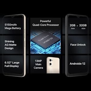UMIDIGI Cell Phone G1, Android12 Unlocked Cell Phone, Dual Sim 4G LTE Mobile Phone, 3+32GB 256G Expandable, 6.52″ HD+, 5150mAh, GSM Unlocked