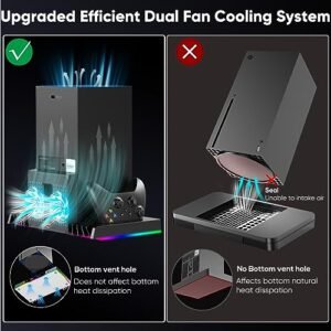 Upgrade Cooling Fan &Dual Controller Charging Station for Xbox Series X with 15RGB Light, Vertical Stand Charger Dock with 2 Rechargeable Batteries Packs, Cooler System with Disc Accessories Storage