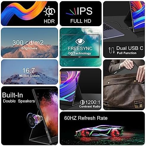 UYY Newest Portable Monitor 16.1″ FHD (1920X1080) 2023 HDR Monitor 300cd/m², Second External Gaming Monitor FreeSync IPS, USB, Type-C, Dual Speakers, Smart Cover for | Laptop | PC | Phone | Mac | PS5