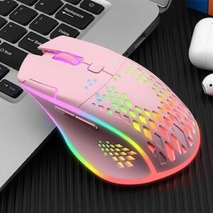 VEGCOO Wireless Gaming Mouse, C30 Silent Click Wireless Rechargeable Gaming Mouse with Double-Click Key and Colorful LED Lights, 3 Level Adjustable DPI for Gaming and Working (Pink)