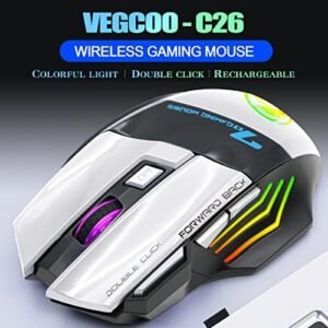 VEGCOO Wireless Gaming Mouse, Rechargeable Silent Wireless Mouse with 4800 DPI Adjustable,Double Click Key, Colorful RGB Lights, Computer Mice with Thumb Rest for PC/Mac Gamer (C26 White)