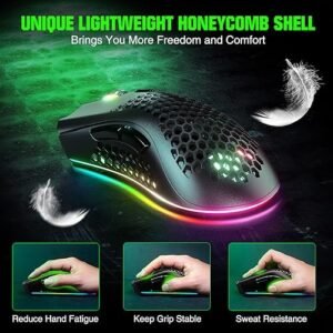 WolfLawS KM-1 Wireless Gaming Mouse, Computer Mice USB Wireless Mouse with Honeycomb Shell, 6 Programmed Buttons, 3 Adjustable DPI, Ergonomic RGB Optical Gamer Mouse for Laptop PC Mac