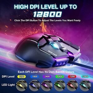 WolfLawS Wired Gaming Mouse, Computer PC Gaming USB Mice with 12 RGB Backlit Modes, High-Precision Adjustable 12800 DPI, 10 Programmable Buttons, Ergonomic Plug Play Gamer Mouse for Laptop Mac