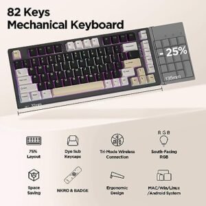 YUNZII YZ75 75% Hot Swappable Wireless Gaming Mechanical Keyboard, RGB Backlights, BT5.0/2.4G/USB-C, Dye Sub PBT Keycaps for Linux/Win/Mac(Gateron G Pro Yellow, Black)