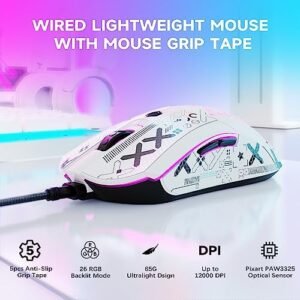 ZIYOU LANG M5 RGB Lightweight Wired Gaming Mouse with 12000 DPI 6 Programmed Buttons,65G Honeycomb Shell,Ultralight Ultraweave Cable,Pixart 3325 Optical Sensor Gamer Mice(White)